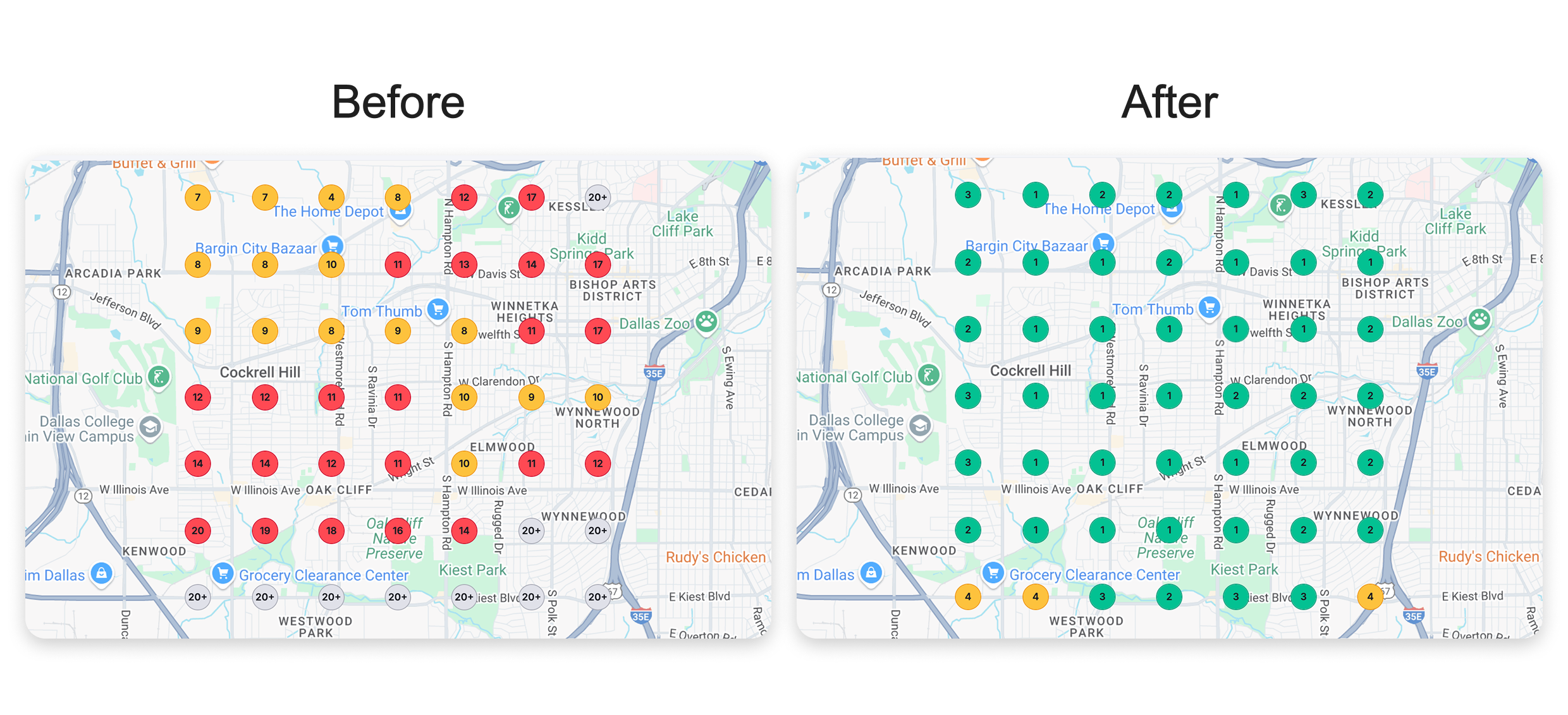 Texas Cleaning Service Google Maps ranking improvement heatmap showing before and after optimization results