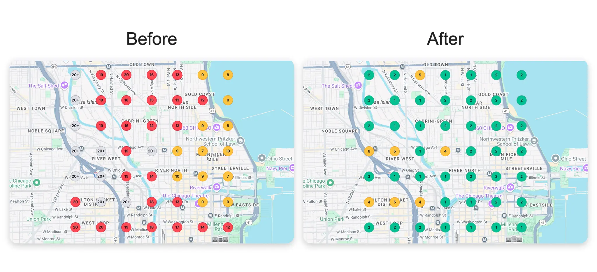 Texas Appliance Repair Google Maps ranking improvement heatmap showing dramatic local search visibility gains