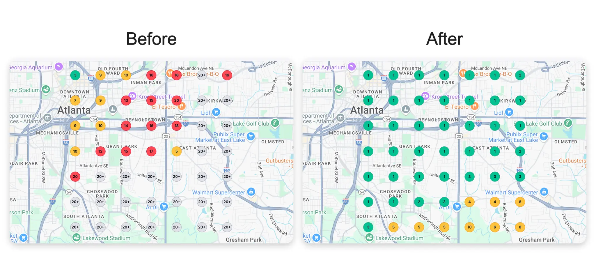 Texas Fitness Center Google Maps ranking transformation heatmap showing 312% improvement in local search visibility